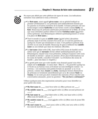 Ne soyez pas affolé par cette pléthore de types de noms. Les indications
suivantes vous aideront à vous y retrouver.
⻬ Le first name, aussi appelé given name, est en général indiqué en
premier (évidemment !). Les prénoms sont habituellement donnés par
les parents ou d’autres membres de la famille. Certains prénoms ont une
forme longue comme Katherine et une forme courte comme Kathy ou
Kate. Beaucoup de prénoms américains proviennent de la Bible, de sorte
que vous entendrez parfois utiliser le terme Christian name (kris-tchen
néïm) (prénom). (Les Britanniques utilisent systématiquement ce terme
à la place de first name.)
⻬ Tout le monde n’a pas un middle name (mi-del néïm) (deuxième
prénom) mais il est très courant d’en avoir un. Ce sont les parents ou
quelqu’un d’autre qui choisissent ce nom. C’est parfois le prénom d’un
ancêtre ou un nom de famille. Beaucoup de gens n’utilisent leur middle
name ou son initiale que dans les relations officielles.
⻬ Le last name (lââst néïm [UK], laast néïm [US]) (nom de famille) est le
même nom que le surname (terme utilisé systématiquement par les
Britanniques). Quand vous vous présentez, indiquez toujours votre nom
de famille en dernier – jamais en premier. (Pour plus d’informations sur
les noms de famille, consultez l’encadré « La révolution des noms de
famille », plus loin dans ce chapitre.)
⻬ Le gentil petit nom que votre famille vous donnait quand vous étiez
enfant est le nickname – le mien était « Miss G. ». Ou peut-être quelqu’un
à l’école ou au bureau vous a-t-il donné un nom intelligent comme « Le
cerveau ». Les surnoms sont parfois formés en ajoutant -y ou -ie au
prénom, comme dans Joanie ou Joshy. (Quelques formes diminutives
de prénoms se terminent naturellement par -y ou -ie comme Susie ou
Tommy. Ce ne sont pas alors vraiment des surnoms.) Pour susciter une
conversation amusante, posez la question : “Do you have a nickname?”
Utilisez quelques-unes des expressions suivantes pour vous identifier ou
pour parler des noms.
⻬ My first name is ____. (maï feest néïm iz) (Mon prénom est ____.)
⻬ My middle name is ____. (maï mi-del néïm iz) (Mon second prénom est
____.)
⻬ My last name is ____. (maï lââst néïm iz [UK], maï laast néïm iz [US])
(Mon nom de famille est ____.)
⻬ My maiden name is ____. (maï méï-den néïm iz) (Mon nom de jeune fille
est ____.)
⻬ My son’s name is ____. (maï saenz néïm iz [UK], maï senz néïm iz [US])
(Le nom de mon fils est ____.)
TRUC
81
Chapitre 3 : Heureux de faire votre connaissance
 
