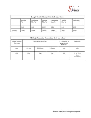 LAngle Chemical Composition: (in % max values)
Carbon
%
Manganese
Max %
Sulphur
Max %
Phosporous
Max %
Silicon
Max %
Equivalent
0.23 1.50 0.045 0.045 0.40 0.42
Tolerance +0.02 +0.05 +0.005 +0.005 +0.03 +0.03
MS Angle Mechanical Composition: (in % max values)
Tensile Strength
Min, Mpa
Yield Stress, Min, MPa % Elongation at
gauge length
5.65 √Ѕo
Bend Test
mm <20 mm 20-40 mm >40 mm min min
410 250 240 230 23 3t* (*t is 3
times
thickness)
Website: https://www.shreejisteelcorp.com/
 