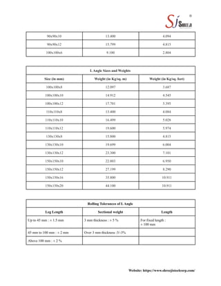 90x90x10 13.400 4.094
90x90x12 15.799 4.815
100x100x6 9.100 2.804
LAngle Sizes and Weights
Size (in mm) Weight (in Kg/sq. m) Weight (in Kg/sq. feet)
100x100x8 12.097 3.687
100x100x10 14.912 4.545
100x100x12 17.701 5.395
110x110x8 13.400 4.084
110x110x10 16.499 5.028
110x110x12 19.600 5.974
130x130x8 15.800 4.815
130x130x10 19.699 6.004
130x130x12 23.300 7.101
150x150x10 22.803 6.950
150x150x12 27.199 8.290
150x150x16 35.800 10.911
150x150x20 44.100 10.911
Rolling Tolerances of LAngle
Leg Length Sectional weight Length
Up to 45 mm : ± 1.5 mm 3 mm thickness : ± 5 % For fixed length :
± 100 mm
45 mm to 100 mm : ± 2 mm Over 3 mm thickness :5/-3%
Above 100 mm : ± 2 %
Website: https://www.shreejisteelcorp.com/
 