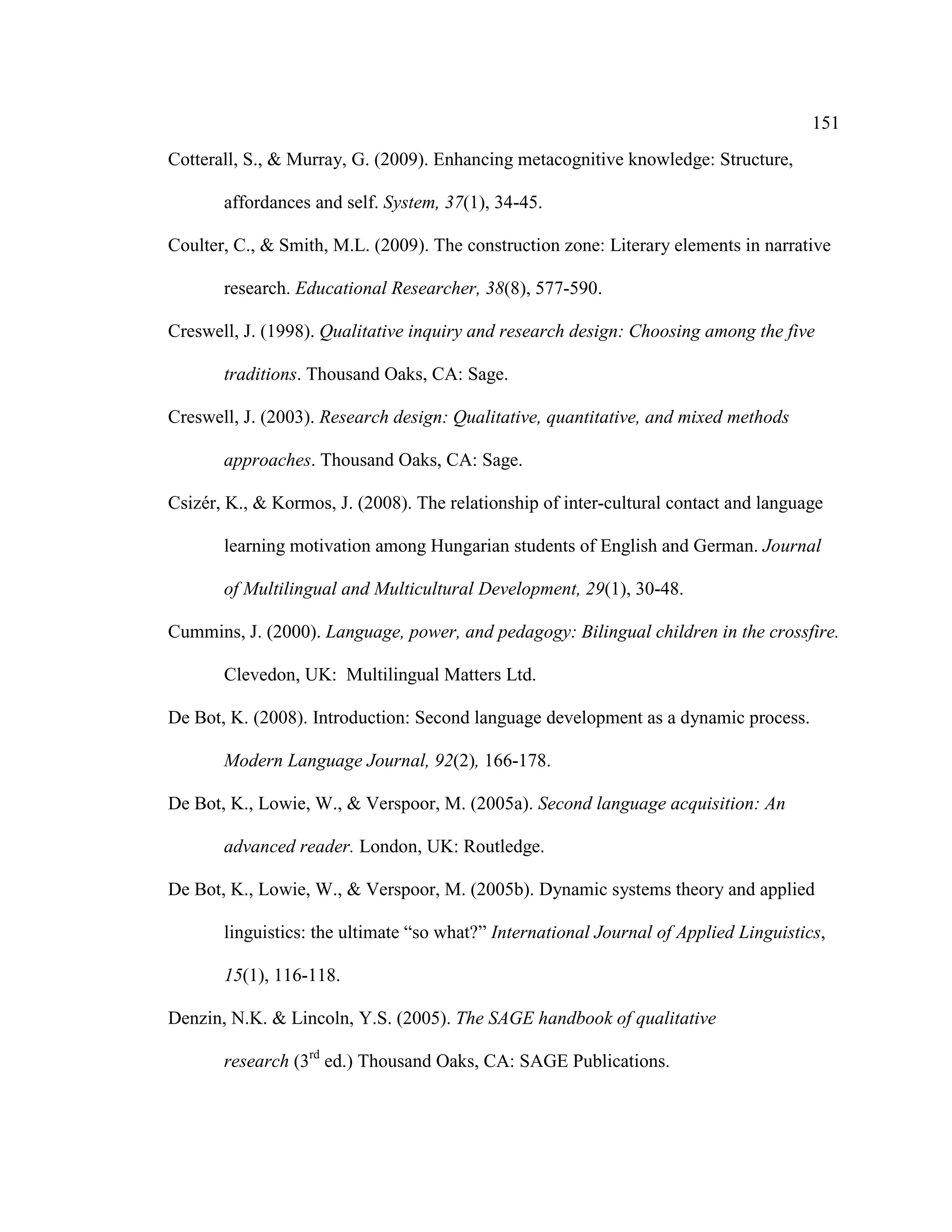 151
Cotterall, S., & Murray, G. (2009). Enhancing metacognitive knowledge: Structure,
affordances and self. System, 37(1), 34-45.
Coulter, C., & Smith, M.L. (2009). The construction zone: Literary elements in narrative
research. Educational Researcher, 38(8), 577-590.
Creswell, J. (1998). Qualitative inquiry and research design: Choosing among the five
traditions. Thousand Oaks, CA: Sage.
Creswell, J. (2003). Research design: Qualitative, quantitative, and mixed methods
approaches. Thousand Oaks, CA: Sage.
Csizér, K., & Kormos, J. (2008). The relationship of inter-cultural contact and language
learning motivation among Hungarian students of English and German. Journal
of Multilingual and Multicultural Development, 29(1), 30-48.
Cummins, J. (2000). Language, power, and pedagogy: Bilingual children in the crossfire.
Clevedon, UK: Multilingual Matters Ltd.
De Bot, K. (2008). Introduction: Second language development as a dynamic process.
Modern Language Journal, 92(2), 166-178.
De Bot, K., Lowie, W., & Verspoor, M. (2005a). Second language acquisition: An
advanced reader. London, UK: Routledge.
De Bot, K., Lowie, W., & Verspoor, M. (2005b). Dynamic systems theory and applied
linguistics: the ultimate “so what?” International Journal of Applied Linguistics,
15(1), 116-118.
Denzin, N.K. & Lincoln, Y.S. (2005). The SAGE handbook of qualitative
research (3rd
ed.) Thousand Oaks, CA: SAGE Publications.
 