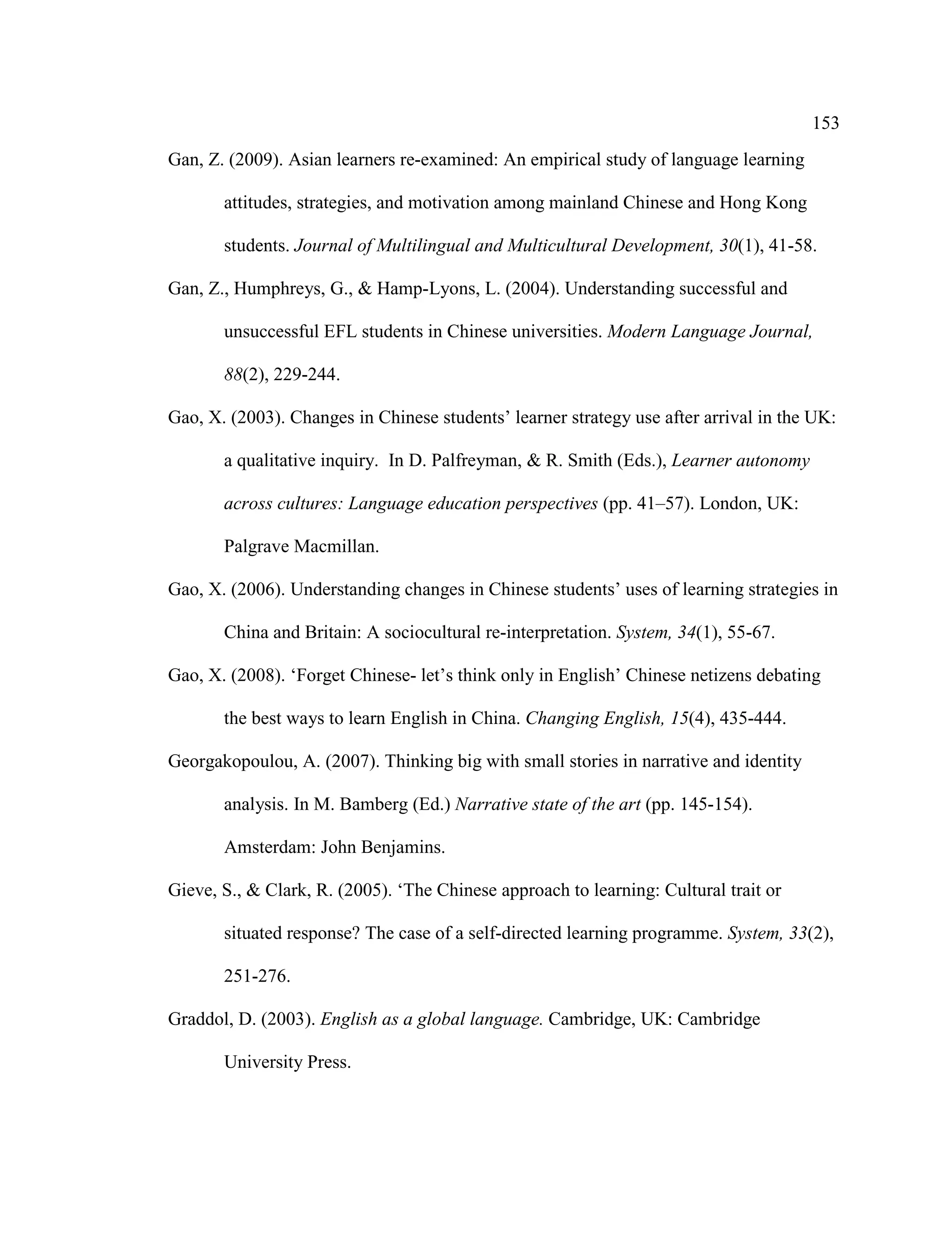 153
Gan, Z. (2009). Asian learners re-examined: An empirical study of language learning
attitudes, strategies, and motivation among mainland Chinese and Hong Kong
students. Journal of Multilingual and Multicultural Development, 30(1), 41-58.
Gan, Z., Humphreys, G., & Hamp-Lyons, L. (2004). Understanding successful and
unsuccessful EFL students in Chinese universities. Modern Language Journal,
88(2), 229-244.
Gao, X. (2003). Changes in Chinese students’ learner strategy use after arrival in the UK:
a qualitative inquiry. In D. Palfreyman, & R. Smith (Eds.), Learner autonomy
across cultures: Language education perspectives (pp. 41–57). London, UK:
Palgrave Macmillan.
Gao, X. (2006). Understanding changes in Chinese students’ uses of learning strategies in
China and Britain: A sociocultural re-interpretation. System, 34(1), 55-67.
Gao, X. (2008). ‘Forget Chinese- let’s think only in English’ Chinese netizens debating
the best ways to learn English in China. Changing English, 15(4), 435-444.
Georgakopoulou, A. (2007). Thinking big with small stories in narrative and identity
analysis. In M. Bamberg (Ed.) Narrative state of the art (pp. 145-154).
Amsterdam: John Benjamins.
Gieve, S., & Clark, R. (2005). ‘The Chinese approach to learning: Cultural trait or
situated response? The case of a self-directed learning programme. System, 33(2),
251-276.
Graddol, D. (2003). English as a global language. Cambridge, UK: Cambridge
University Press.
 