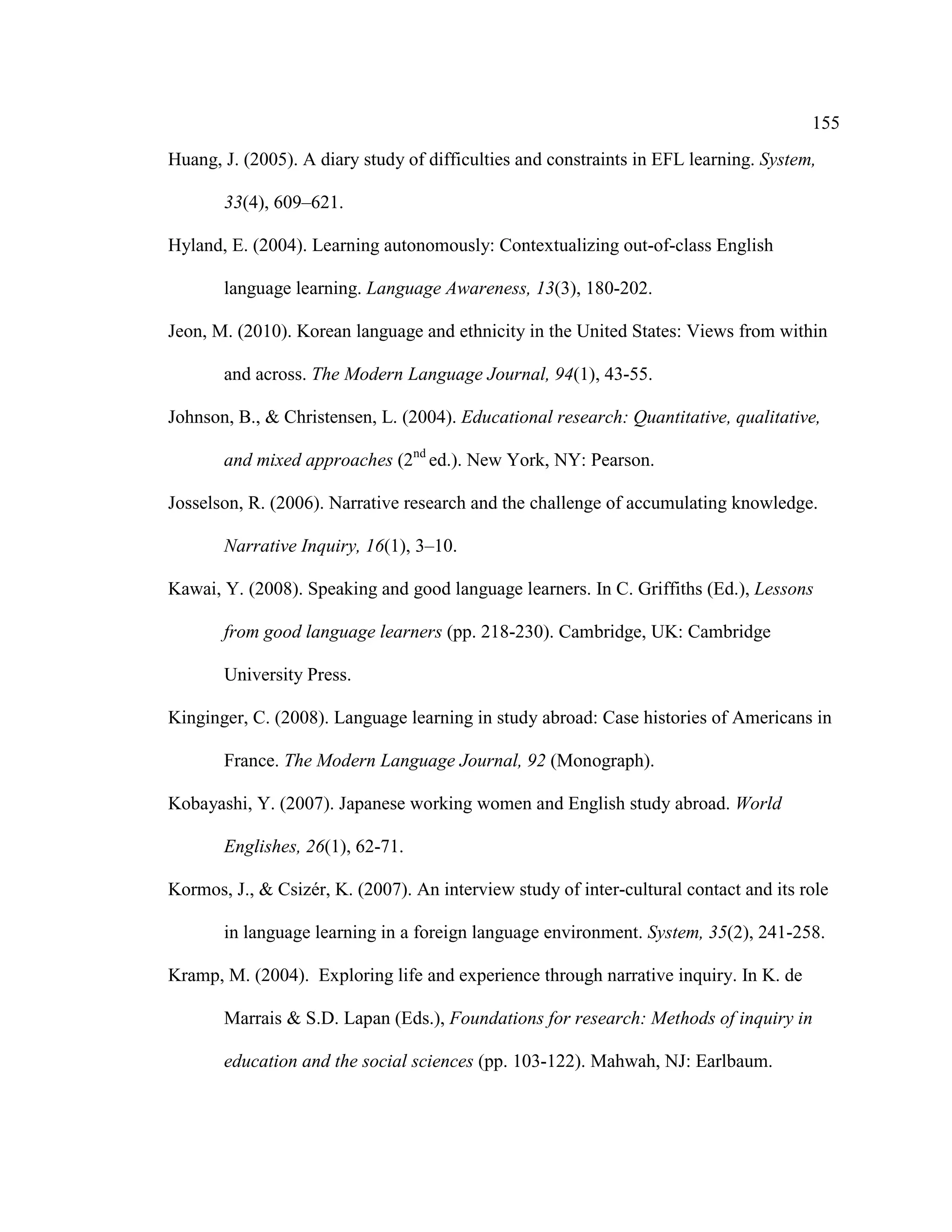 155
Huang, J. (2005). A diary study of difficulties and constraints in EFL learning. System,
33(4), 609–621.
Hyland, E. (2004). Learning autonomously: Contextualizing out-of-class English
language learning. Language Awareness, 13(3), 180-202.
Jeon, M. (2010). Korean language and ethnicity in the United States: Views from within
and across. The Modern Language Journal, 94(1), 43-55.
Johnson, B., & Christensen, L. (2004). Educational research: Quantitative, qualitative,
and mixed approaches (2nd
ed.). New York, NY: Pearson.
Josselson, R. (2006). Narrative research and the challenge of accumulating knowledge.
Narrative Inquiry, 16(1), 3–10.
Kawai, Y. (2008). Speaking and good language learners. In C. Griffiths (Ed.), Lessons
from good language learners (pp. 218-230). Cambridge, UK: Cambridge
University Press.
Kinginger, C. (2008). Language learning in study abroad: Case histories of Americans in
France. The Modern Language Journal, 92 (Monograph).
Kobayashi, Y. (2007). Japanese working women and English study abroad. World
Englishes, 26(1), 62-71.
Kormos, J., & Csizér, K. (2007). An interview study of inter-cultural contact and its role
in language learning in a foreign language environment. System, 35(2), 241-258.
Kramp, M. (2004). Exploring life and experience through narrative inquiry. In K. de
Marrais & S.D. Lapan (Eds.), Foundations for research: Methods of inquiry in
education and the social sciences (pp. 103-122). Mahwah, NJ: Earlbaum.
 