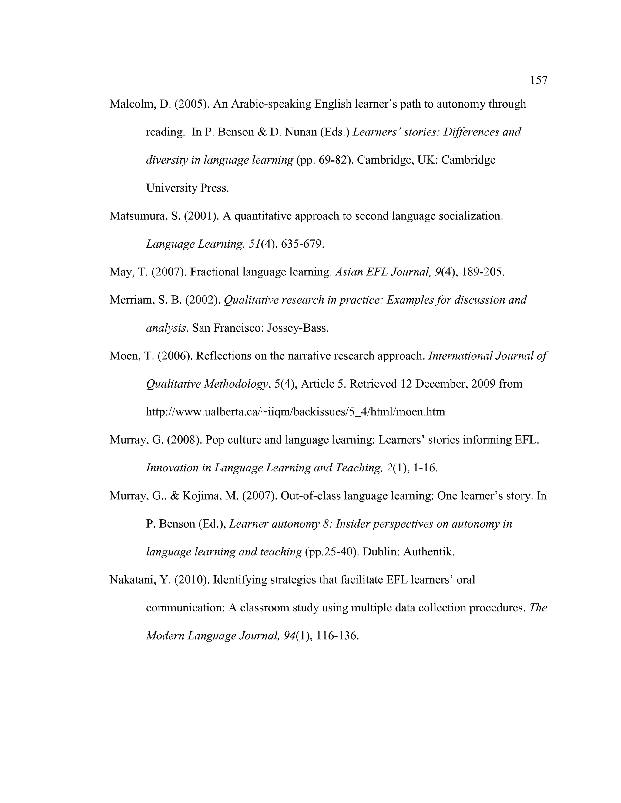 157
Malcolm, D. (2005). An Arabic-speaking English learner’s path to autonomy through
reading. In P. Benson & D. Nunan (Eds.) Learners’ stories: Differences and
diversity in language learning (pp. 69-82). Cambridge, UK: Cambridge
University Press.
Matsumura, S. (2001). A quantitative approach to second language socialization.
Language Learning, 51(4), 635-679.
May, T. (2007). Fractional language learning. Asian EFL Journal, 9(4), 189-205.
Merriam, S. B. (2002). Qualitative research in practice: Examples for discussion and
analysis. San Francisco: Jossey-Bass.
Moen, T. (2006). Reflections on the narrative research approach. International Journal of
Qualitative Methodology, 5(4), Article 5. Retrieved 12 December, 2009 from
http://www.ualberta.ca/~iiqm/backissues/5_4/html/moen.htm
Murray, G. (2008). Pop culture and language learning: Learners’ stories informing EFL.
Innovation in Language Learning and Teaching, 2(1), 1-16.
Murray, G., & Kojima, M. (2007). Out-of-class language learning: One learner’s story. In
P. Benson (Ed.), Learner autonomy 8: Insider perspectives on autonomy in
language learning and teaching (pp.25-40). Dublin: Authentik.
Nakatani, Y. (2010). Identifying strategies that facilitate EFL learners’ oral
communication: A classroom study using multiple data collection procedures. The
Modern Language Journal, 94(1), 116-136.
 