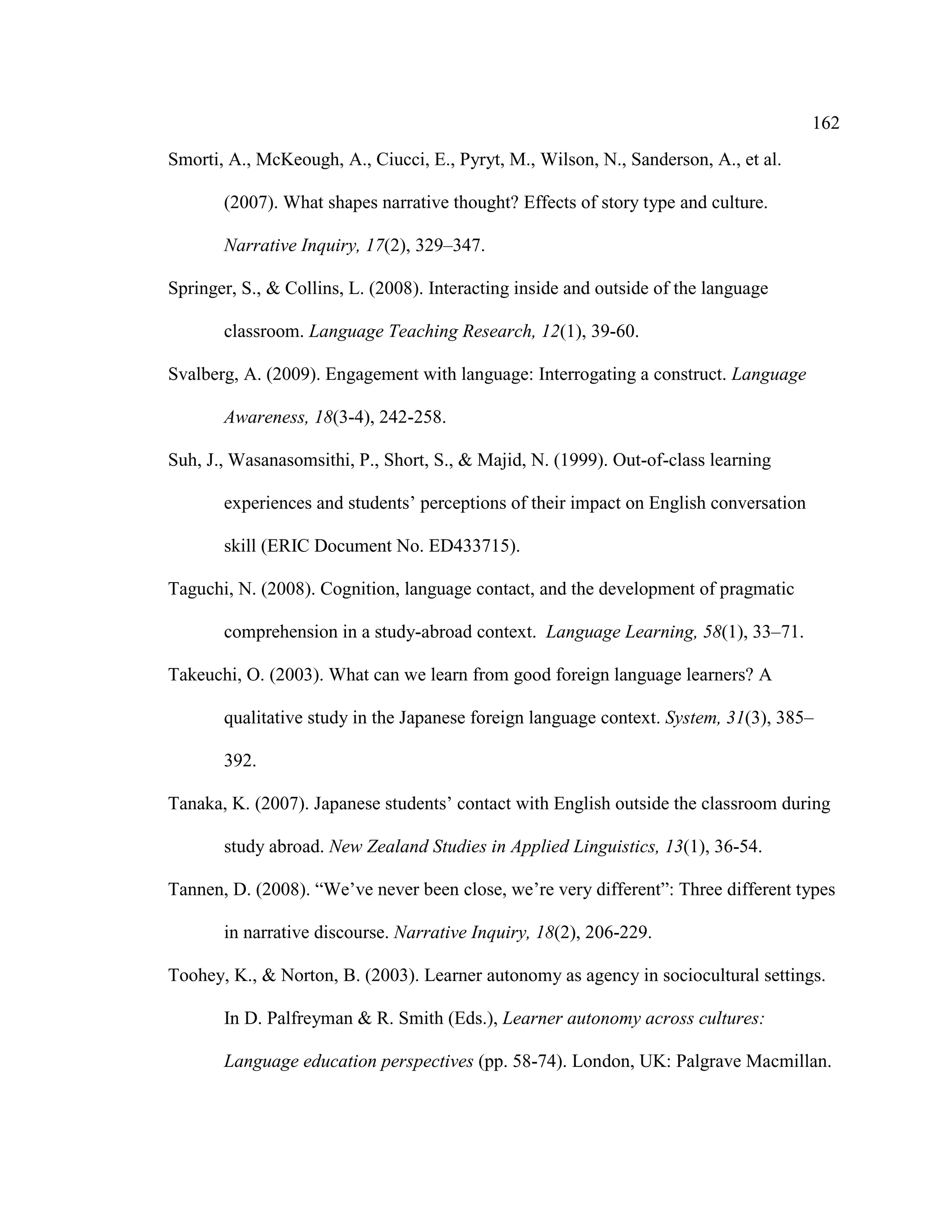 162
Smorti, A., McKeough, A., Ciucci, E., Pyryt, M., Wilson, N., Sanderson, A., et al.
(2007). What shapes narrative thought? Effects of story type and culture.
Narrative Inquiry, 17(2), 329–347.
Springer, S., & Collins, L. (2008). Interacting inside and outside of the language
classroom. Language Teaching Research, 12(1), 39-60.
Svalberg, A. (2009). Engagement with language: Interrogating a construct. Language
Awareness, 18(3-4), 242-258.
Suh, J., Wasanasomsithi, P., Short, S., & Majid, N. (1999). Out-of-class learning
experiences and students’ perceptions of their impact on English conversation
skill (ERIC Document No. ED433715).
Taguchi, N. (2008). Cognition, language contact, and the development of pragmatic
comprehension in a study-abroad context. Language Learning, 58(1), 33–71.
Takeuchi, O. (2003). What can we learn from good foreign language learners? A
qualitative study in the Japanese foreign language context. System, 31(3), 385–
392.
Tanaka, K. (2007). Japanese students’ contact with English outside the classroom during
study abroad. New Zealand Studies in Applied Linguistics, 13(1), 36-54.
Tannen, D. (2008). “We’ve never been close, we’re very different”: Three different types
in narrative discourse. Narrative Inquiry, 18(2), 206-229.
Toohey, K., & Norton, B. (2003). Learner autonomy as agency in sociocultural settings.
In D. Palfreyman & R. Smith (Eds.), Learner autonomy across cultures:
Language education perspectives (pp. 58-74). London, UK: Palgrave Macmillan.
 
