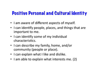Positive Personal and Cultural Identity
•  I	am	aware	of	diﬀerent	aspects	of	myself.	
•  I	can	idenGfy	people,	places,	and	things	that	are	
important	to	me.	
•  I	can	idenGfy	some	of	my	individual	
characterisGcs.	
•  I	can	describe	my	family,	home,	and/or	
community	(people	or	place).	
•  I	can	explain	what	I	like	and	dislike.	
•  I	am	able	to	explain	what	interests	me.	(2)	
 
