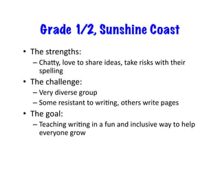 Grade 1/2, Sunshine Coast
•  The	strengths:	
– Chaoy,	love	to	share	ideas,	take	risks	with	their	
spelling	
•  The	challenge:	
– Very	diverse	group	
– Some	resistant	to	wriGng,	others	write	pages	
•  The	goal:	
– Teaching	wriGng	in	a	fun	and	inclusive	way	to	help	
everyone	grow	
 
