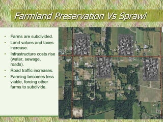 Farmland Preservation Vs Sprawl
•   Farms are subdivided.
•   Land values and taxes
    increase.
•   Infrastructure costs rise
    (water, sewage,
    roads).
•   Road traffic increases.
•   Farming becomes less
    viable, forcing other
    farms to subdivide.
 