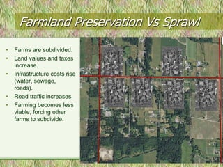 Farmland Preservation Vs Sprawl
•   Farms are subdivided.
•   Land values and taxes
    increase.
•   Infrastructure costs rise
    (water, sewage,
    roads).
•   Road traffic increases.
•   Farming becomes less
    viable, forcing other
    farms to subdivide.
 