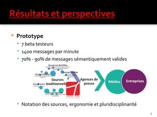 Prototype 7 beta testeurs  1400 messages par minute 70% - 90% de messages sémantiquement valides  Notation des sources, ergonomie et pluridisciplinarité 