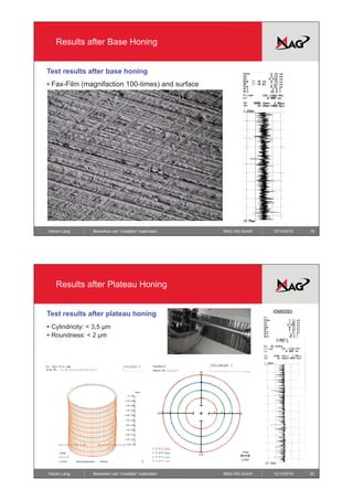 Results after Base Honing


Test results after base honing
ƒ Fax-Film (magnifaction 100-times) and surface




Heiner Lang      Bewerken van “moeilijke” materialen   MAG IAS GmbH   12/14/2010   19




   Results after Plateau Honing


Test results after plateau honing
ƒ Cylindricity: < 3,5 μm
ƒ Roundness: < 2 μm




Heiner Lang      Bewerken van “moeilijke” materialen   MAG IAS GmbH   12/14/2010   20
 