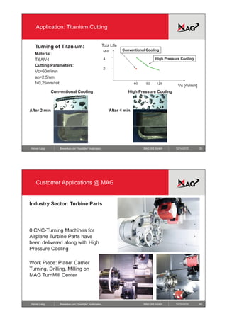 Application: Titanium Cutting


   Turning of Titanium:                                 Tool Life
                                                                    Conventional Cooling
   Material:
   Ti6AlV4                                                                            High Pressure Cooling
   Cutting Parameters:
   Vc=60m/min
   ap=2,5mm
   f=0,25mm/rot
   f=0 25mm/rot
                                                                                                  Vc [m/min]
              Conventional Cooling                                     High Pressure Cooling



After 2 min                                                 After 4 min




Heiner Lang       Bewerken van “moeilijke” materialen                          MAG IAS GmbH      12/14/2010    39




   Customer Applications @ MAG


Industry Sector: Turbine Parts




8 CNC-Turning Machines for
Airplane Turbine Parts have
   p
been delivered along with High
Pressure Cooling

Work Piece: Planet Carrier
Turning, Drilling, Milling on
MAG TurnMill Center




Heiner Lang       Bewerken van “moeilijke” materialen                          MAG IAS GmbH      12/14/2010    40
 
