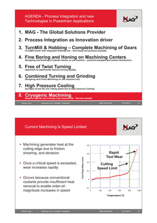 AGENDA - Process Integration and new
    Technologies in Powertrain Applications

1. MAG - The Global Solutions Provider
2. Process Integration as Innovation driver
3. TurnMill & Hobbing – Complete Machining of Gears
    (TrunMill Center with integrated hobbing unit – time study and practical example)


4.
4 Fine Boring and Honing on Machining Centers
    (Roughing and finishing of cylinder blocks on one machine – practical examples and market introduction)


5. Free of Twist Turning
    (Approach to significantly improve turning quality)


6. Combined Turning and Grinding
    (Roughing and Finish Machining on one machine tool)


7. High Pressure Cooling
    (Increase of tool life and cutting speed due to high pressure Cooling)


8. Cryogenic Machining
    (Improve tool life and increase chip removal rate - first test results)

 Heiner Lang         Bewerken van “moeilijke” materialen                            MAG IAS GmbH   12/14/2010   41




    Current Machining is Speed Limited



ƒ Machining generates heat at the
  cutting edge due to friction,
  shearing,
  shearing and abrasion                                                                     Rapid
                                                                                          Tool Wear
                                                                To Flank We (mm)




ƒ Once a critical speed is exceeded,
                                                                          ear




                                                                                    Cutting
                                                                                          g
  wear increases rapidly                                                           Speed Limit
                                                                 ool




ƒ Occurs because conventional
  coolants provide insufficient heat
  removal to enable order-of-
  magnitude i
       it d increases i speed
                       in       d




 Heiner Lang         Bewerken van “moeilijke” materialen                            MAG IAS GmbH   12/14/2010   42
 