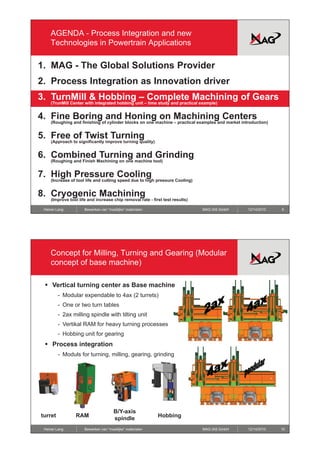 AGENDA - Process Integration and new
    Technologies in Powertrain Applications

1. MAG - The Global Solutions Provider
2. Process Integration as Innovation driver
3. TurnMill & Hobbing – Complete Machining of Gears
    (TrunMill Center with integrated hobbing unit – time study and practical example)


4.
4 Fine Boring and Honing on Machining Centers
    (Roughing and finishing of cylinder blocks on one machine – practical examples and market introduction)


5. Free of Twist Turning
    (Approach to significantly improve turning quality)


6. Combined Turning and Grinding
    (Roughing and Finish Machining on one machine tool)


7. High Pressure Cooling
    (Increase of tool life and cutting speed due to high pressure Cooling)


8. Cryogenic Machining
    (Improve tool life and increase chip removal rate - first test results)

 Heiner Lang         Bewerken van “moeilijke” materialen                      MAG IAS GmbH       12/14/2010   9




    Concept for Milling, Turning and Gearing (Modular
    concept of base machine)

 ƒ Vertical turning center as Base machine
                  g
         - Modular expendable to 4ax (2 turrets)
         - One or two turn tables
         - 2ax milling spindle with tilting unit
         - Vertikal RAM for heavy turning processes
         - Hobbing unit for g
                 g          gearing
                                  g
 ƒ Process integration
         - Moduls for turning, milling, gearing, grinding




                                       /
                                      B/Y-axis
turret          RAM                   spindle              Hobbing

 Heiner Lang         Bewerken van “moeilijke” materialen                      MAG IAS GmbH       12/14/2010   10
 