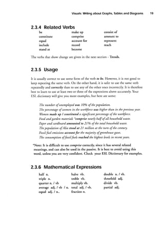 Writing
Tables
and Diagrams
Visuals:
about Graphs,

2.3.4 RelatedVerbs
be
constitute
equal
include
stand at

make up
comprise
account for
record

consist of
amount to
represent
reach

become

The verbs that show change are given in the next section - Tiends.

2.3.5 Usage
It is usually correct to use some form of the verb to be. However, it is not good to
keep repeating the sameverb. On the other hand, it is safer to use the sameverb
repeatedlyand correctly than to use any of the other ones incorrectly. It is therefore
Your
above accurately.
best to learn to use at least two or three of the expressions
ESL dictionary will give you more examples,but here are some:
The number of unemployedutas 10% of thepopulation.
uas higher than in t/tepreuiousyear.
Thepercentageof uomen in the u.,orkforce
of
Women madc up / constituted a signifcant Percentdge the uorkforce.
*comltrise nearly half of all householdwaste.
Food and garden materials
Paper and cardboard amounted to 2lo/o of the total householdLuaste.
Thepopulation ofAlia stood at 21 million at the turn of the centur!.
accountfor the majority of greenhouse
ga;es.
Fossilfuel emissions
The consumption offossil fuels reached the highest leuelsin recentlears.
*Note: It is difficult to use comprise correctly, since it has several related
meanings, and can also be used in the passive. It is best to avoid using this
word, unless you are very confident. Check your ESL Dictionary for examples.

2.3.6 MathematicalExpressions
halve vb.
half n.
treble vb.
triple n.
multiply vb.
quarter n. / vb
I
average ad1. vb I n. total adj. / vb.
fraction n.
adj. / n..
equal

double n. / vb.
threefold adj.
divide vb.
partial adj.

19

 