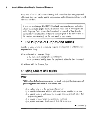 2

Writing
Tables
and Diagrams
Visuals:
about Graphs,

Since most of the IELTS Academic Writing Thsk 1 questions deal with graphs and
rables,and since they require specific interpretation and writing conyentions,we will
first focus on these.

A Note on terminology: The IELIS Handbook mentions diagrams and tables.
Clearly this includes graphs (the most common visual used in Writing Task 1)
under diagrams. Other books talk about visuals to cover all of these.Youdo
not need to worry about this as the label is usually given in the introduction to
the task and you can simply use the sameword in your answer.

of
1. ThePurpose Graphsand Tables
to
In order to know how to do something properly, it is necessary understand the
parpose of that thing.
tWe actually need to know two things:
a) the purpose of using graphs and tables;and
b) the purpose of utriting about the graphs and tables that have been used.
Wewill deal with the first one first.

1.1Using
Graphs
and Tables
1
TASK
'Which

of the following statements do you think best describe the purpose of
providing graphs and tables in an academic text?
a) to explain what is in the t€xt in a different way
b) to provide information which is additional to that provided in the text
c) to make it easierto understand the conceptsby using a visual rather than
by just using words
d) to give an overview or an impression or a summary
e) to provide more exact details than is desirablein the text
rc Answer Key

 