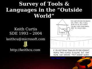 Survey of Tools &
    Languages in the “Outside
             World”

       Keith Curtis
     SDE 1993 – 2004
    keithcu@microsoft.com


      http://keithcu.com

                                http://xkcd.com

                             
 