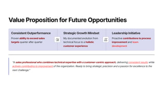 Value Proposition for Future Opportunities
Consistent Outperformance
Proven ability to exceed sales
targets quarter after quarter
Strategic Growth Mindset
My documented evolution from
technical focus to a holistic
customer experience
Leadership Initiative
Proactive contributions to process
improvement and team
development
"A sales professional who combines technical expertise with a customer-centric approach, delivering consistent results while
actively contributing to improvement of the organization. Ready to bring strategic precision and a passion for excellence to the
next challenge."
 