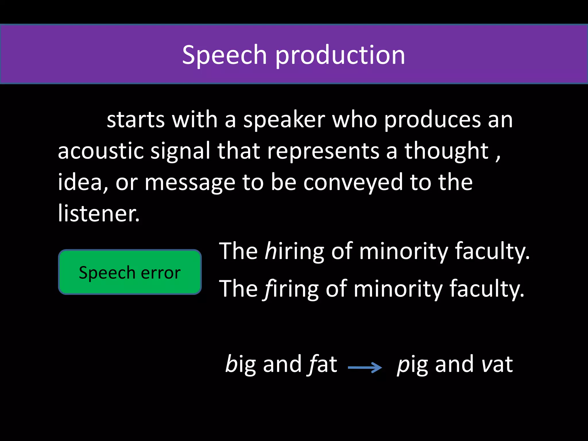 starts with a speaker who produces an
acoustic signal that represents a thought ,
idea, or message to be conveyed to the
listener.
The hiring of minority faculty.
The firing of minority faculty.
big and fat pig and vat
Speech error
Speech production
 