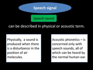 Speech signal
can be described in physical or acoustic term.
Speech sound
Physically, a sound is
produced when there
is a disturbance in the
position of air
molecules.
Acoustic phonetics – is
concerned only with
speech sounds, all of
which can be heard by
the normal human ear.
 