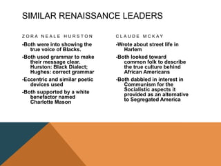 SIMILAR RENAISSANCE LEADERS
Z O R A N E A L E H U R S T O N
-Both were into showing the
true voice of Blacks.
-Both used grammar to make
their message clear.
Hurston: Black Dialect;
Hughes: correct grammar
-Eccentric and similar poetic
devices used
-Both supported by a white
benefactor named
Charlotte Mason
C L A U D E M C K A Y
-Wrote about street life in
Harlem
-Both looked toward
common folk to describe
the true culture behind
African Americans
-Both dabbled in interest in
Communism for the
Socialistic aspects it
provided as an alternative
to Segregated America
 
