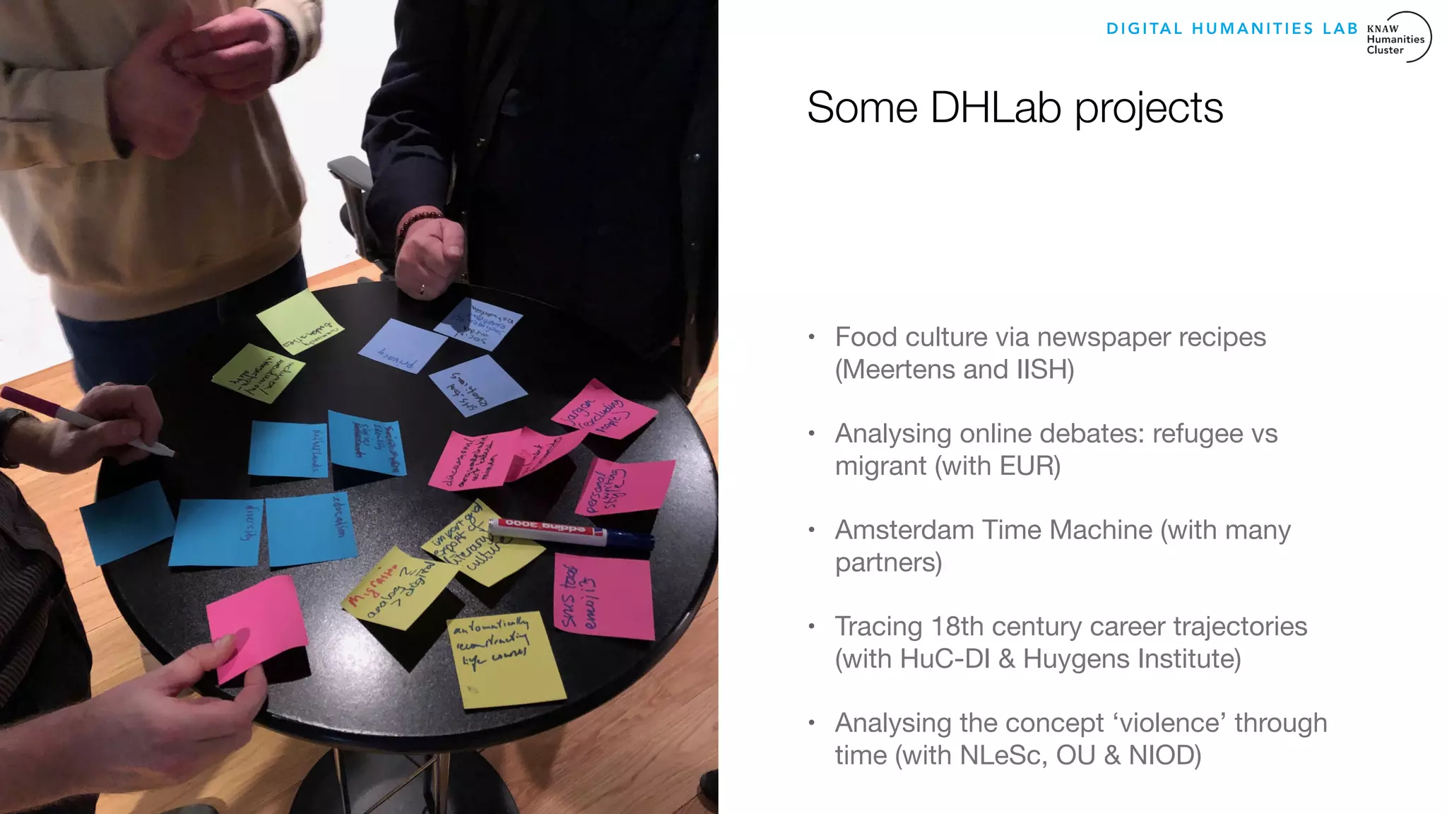 Some DHLab projects
• Food culture via newspaper recipes
(Meertens and IISH)

• Analysing online debates: refugee vs
migrant (with EUR)

• Amsterdam Time Machine (with many
partners)

• Tracing 18th century career trajectories
(with HuC-DI & Huygens Institute)

• Analysing the concept ‘violence’ through
time (with NLeSc, OU & NIOD)
D I G I TA L H U M A N I T I E S L A B
 