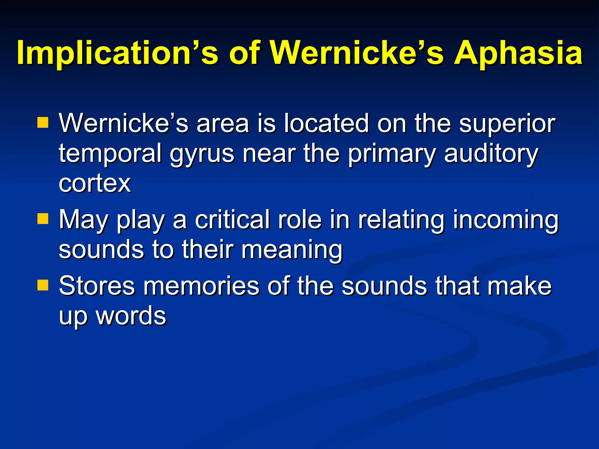Implication’s of Wernicke’s Aphasia Wernicke’s area is located on the superior temporal gyrus near the primary auditory cortex May play a critical role in relating incoming sounds to their meaning Stores memories of the sounds that make up words 