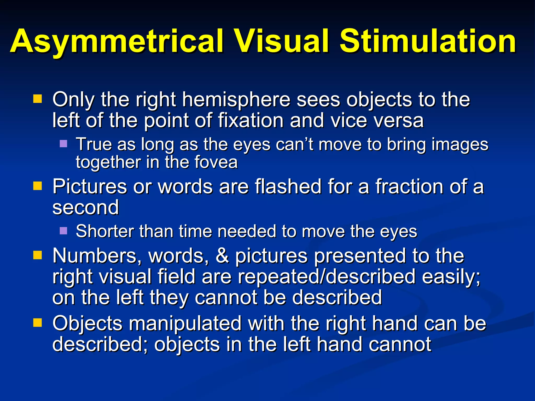 Asymmetrical Visual Stimulation   Only the right hemisphere sees objects to the left of the point of fixation and vice versa True as long as the eyes can’t move to bring images together in the fovea Pictures or words are flashed for a fraction of a second Shorter than time needed to move the eyes Numbers, words, & pictures presented to the right visual field are repeated/described easily; on the left they cannot be described Objects manipulated with the right hand can be described; objects in the left hand cannot 