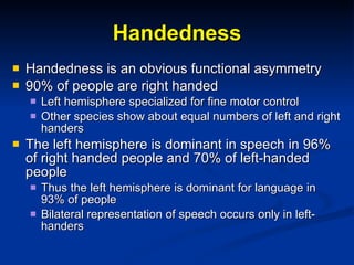 Handedness Handedness is an obvious functional asymmetry 90% of people are right handed Left hemisphere specialized for fine motor control Other species show about equal numbers of left and right handers The left hemisphere is dominant in speech in 96% of right handed people and 70% of left-handed people  Thus the left hemisphere is dominant for language in 93% of people Bilateral representation of speech occurs only in left-handers 