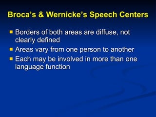Broca’s & Wernicke’s Speech Centers Borders of both areas are diffuse, not clearly defined Areas vary from one person to another Each may be involved in more than one language function 