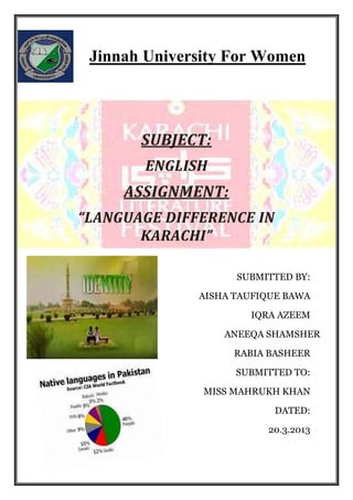 Jinnah University For Women

SUBJECT:
ENGLISH

ASSIGNMENT:
“LANGUAGE DIFFERENCE IN
KARACHI”
SUBMITTED BY:
AISHA TAUFIQUE BAWA
IQRA AZEEM
ANEEQA SHAMSHER
RABIA BASHEER
SUBMITTED TO:
MISS MAHRUKH KHAN
DATED:
20.3.2013

 