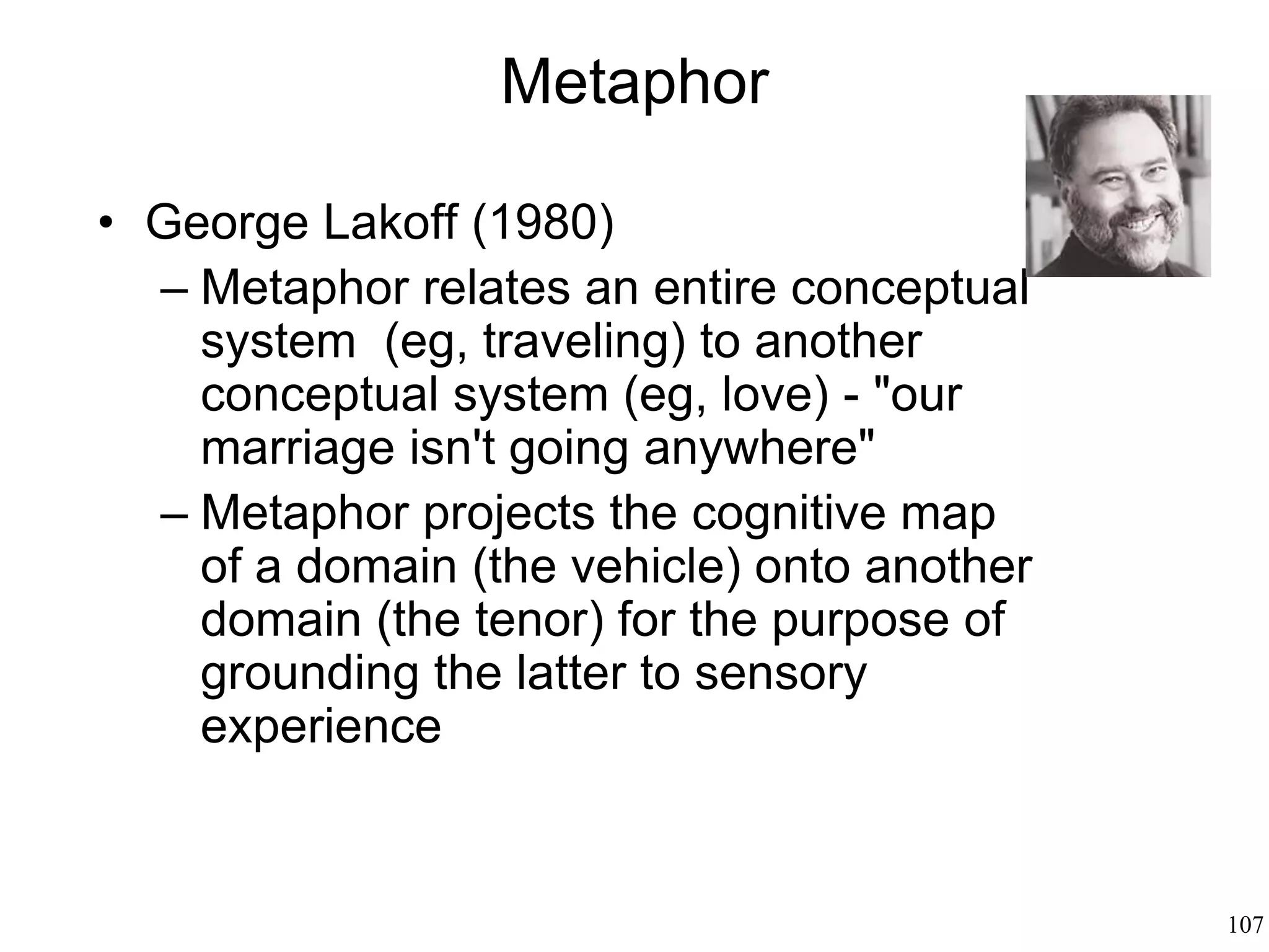107
Metaphor: How We Speak
That conference was a zoo
I don’t see the end of the tunnel
You’re a weasel
She’s a tiger
Cross that bridge when you get there
The needle in a haystack
The bottleneck
She’s a walking dictionary
This job is a piece of cake
This is a nightmare
He’s a vampyre
 