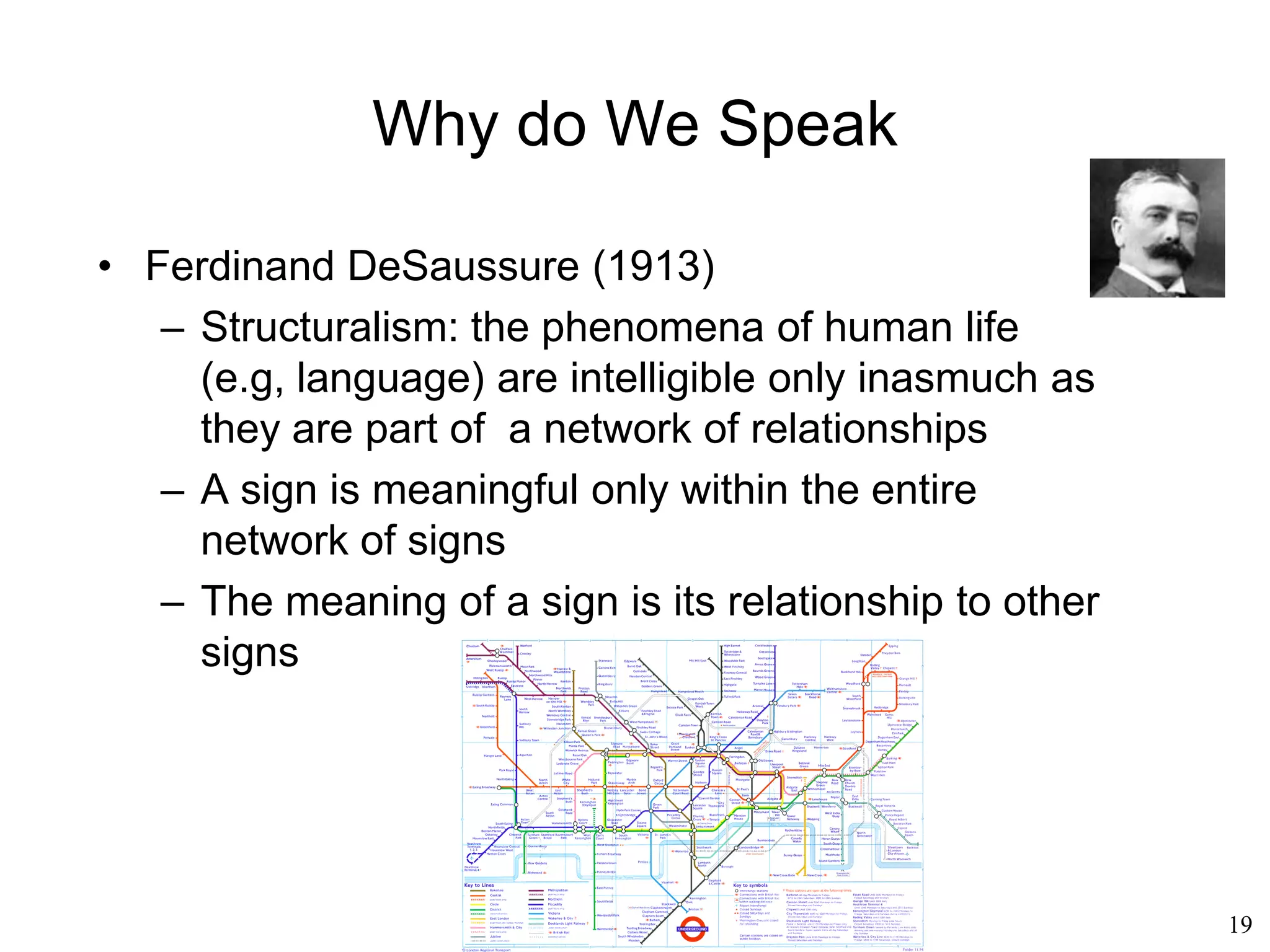 19
Why Do We Speak?
• Language and Thought
– The joke "I will see you when (if) i
come back from my trip" makes no
sense in the German language ("when"
and "if" are the same word, "wenn")
 