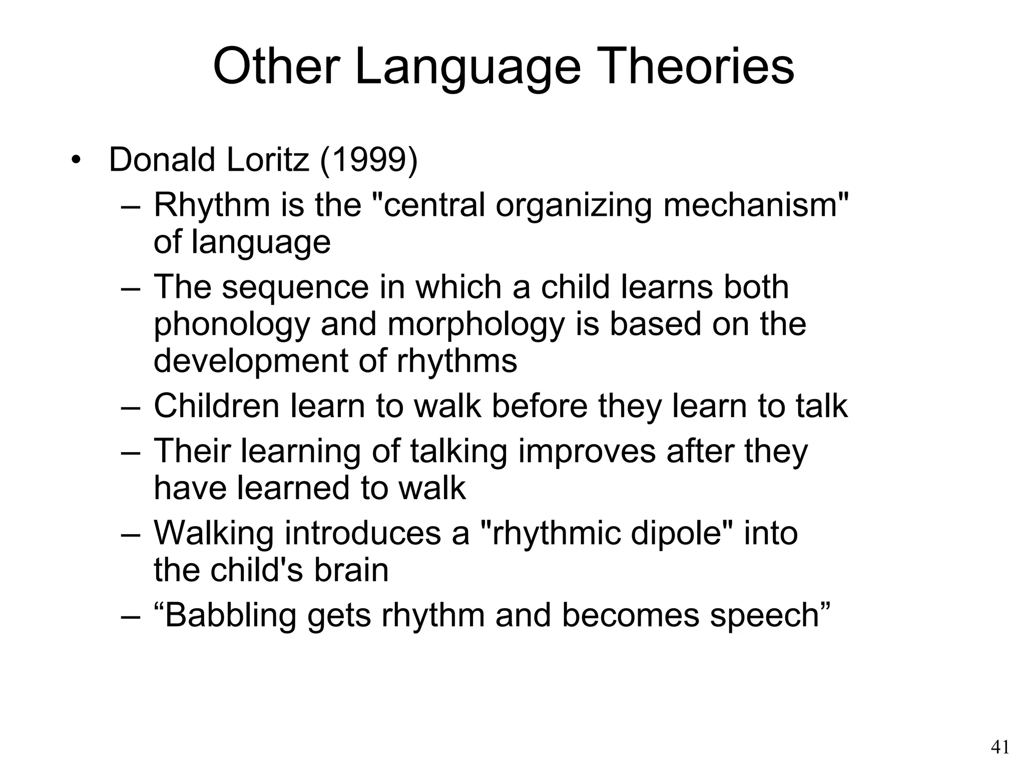 41
Standard Theory
• Grammar =
– syntactic component: phrase structure rules,
lexicon and transformational component
– semantic component: assigns a meaning to the
sentence
– phonologic component: transforms it into sounds
• Sentence =
– d-structure: the one generated by phrase-structure
rules
– s-structure: obtained from the d-structure by
applying transformational rules
– p-structure: a phonetic structure
– logical form: semantic component
 