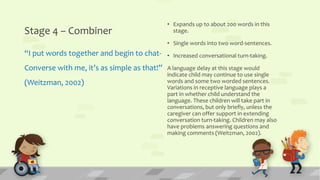 Stage 4 – Combiner
“I put words together and begin to chat-
Converse with me, it’s as simple as that!”
(Weitzman, 2002)
• Expands up to about 200 words in this
stage.
• Single words into two word-sentences.
• Increased conversational turn-taking.
A language delay at this stage would
indicate child may continue to use single
words and some two worded sentences.
Variations in receptive language plays a
part in whether child understand the
language. These children will take part in
conversations, but only briefly, unless the
caregiver can offer support in extending
conversation turn-taking. Children may also
have problems answering questions and
making comments (Weitzman, 2002).
 