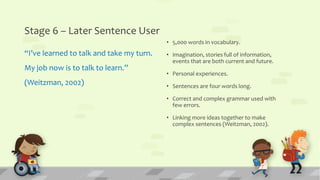 Stage 6 – Later Sentence User
“I’ve learned to talk and take my turn.
My job now is to talk to learn.”
(Weitzman, 2002)
• 5,000 words in vocabulary.
• Imagination, stories full of information,
events that are both current and future.
• Personal experiences.
• Sentences are four words long.
• Correct and complex grammar used with
few errors.
• Linking more ideas together to make
complex sentences (Weitzman, 2002).
 