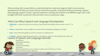 What Can Affect Speech and Language Development
• Articulation - produces sounds incorrectly (e.g., lisp, difficulty articulating certain sounds, such as “l” or
“r”);
• Fluency - disrupted by sounds, syllables, and words that are repeated, prolonged, or avoided.
• Voice - has an abnormal quality to its pitch, resonance, or loudness; and
• Language - problems expressing needs, ideas, or information, and/or in understanding what others say.
Causes of Speech and Language Disorder
Hearing loss.
Neurological Disorders.
Brain injury.
Intellectual disabilities.
Drug abuse.
Physical impairments such as cleft lip or palate, and vocal abuse or misuse.
Most of the time cause is unknown.
When working with young children, understanding their styles and stages of their communication
development will help you create the best interaction possible. Teaching Preschool and being a Speech
and Language support worker, I gained experience working with children of all different ages. Each child
brought with them a particular style and each were at a particular stage.
 