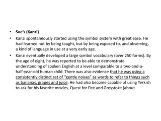 • Sue’s (Kanzi)
• Kanzi spontaneously started using the symbol system with great ease. He
had learned not by being taught, but by being exposed to, and observing,
a kind of language in use at a very early age.
• Kanzi eventually developed a large symbol vocabulary (over 250 forms). By
the age of eight, he was reported to be able to demonstrate
understanding of spoken English at a level comparable to a two-and-a-
half-year-old human child. There was also evidence that he was using a
consistently distinct set of “gentle noises” as words to refer to things such
as bananas, grapes and juice. He had also become capable of using Yerkish
to ask for his favorite movies, Quest for Fire and Greystoke (about
 