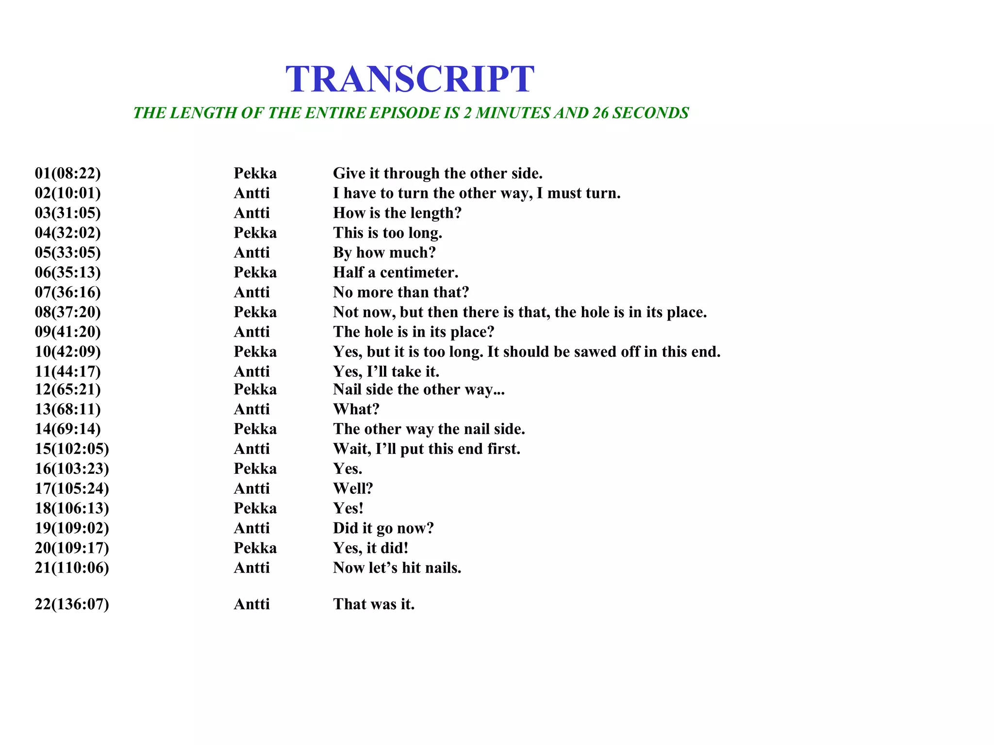 01(08:22) Pekka Give it through the other side. 02(10:01) Antti I have to turn the other way, I must turn. 03(31:05) Antti How is the length? 04(32:02) Pekka This is too long. 05(33:05) Antti By how much? 06(35:13) Pekka Half a centimeter. 07(36:16) Antti No more than that? 08(37:20) Pekka Not now, but then there is that, the hole is in its place. 09(41:20) Antti The hole is in its place? 10(42:09) Pekka Yes, but it is too long. It should be sawed off in this end. 11(44:17) Antti Yes, I’ll take it. 12(65:21) Pekka Nail side the other way... 13(68:11) Antti What? 14(69:14) Pekka The other way the nail side. 15(102:05) Antti Wait, I’ll put this end first. 16(103:23) Pekka Yes. 17(105:24) Antti Well? 18(106:13) Pekka Yes! 19(109:02) Antti Did it go now? 20(109:17) Pekka Yes, it did! 21(110:06) Antti Now let’s hit nails. 22(136:07) Antti That was it.   TRANSCRIPT THE LENGTH OF THE ENTIRE EPISODE IS 2 MINUTES AND 26 SECONDS 