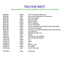 01(08:22) Pekka Give it through the other side. 02(10:01) Antti I have to turn the other way, I must turn. 03(31:05) Antti How is the length? 04(32:02) Pekka This is too long. 05(33:05) Antti By how much? 06(35:13) Pekka Half a centimeter. 07(36:16) Antti No more than that? 08(37:20) Pekka Not now, but then there is that, the hole is in its place. 09(41:20) Antti The hole is in its place? 10(42:09) Pekka Yes, but it is too long. It should be sawed off in this end. 11(44:17) Antti Yes, I’ll take it. 12(65:21) Pekka Nail side the other way... 13(68:11) Antti What? 14(69:14) Pekka The other way the nail side. 15(102:05) Antti Wait, I’ll put this end first. 16(103:23) Pekka Yes. 17(105:24) Antti Well? 18(106:13) Pekka Yes! 19(109:02) Antti Did it go now? 20(109:17) Pekka Yes, it did! 21(110:06) Antti Now let’s hit nails. 22(136:07) Antti That was it.   TRANSCRIPT THE LENGTH OF THE ENTIRE EPISODE IS 2 MINUTES AND 26 SECONDS 