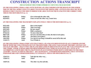 [IN THE FOLLOWING, PEKKA ASKS ANTTI TO PUSH A PLANK UNDERNEATH THE HOUSE ON THE OTHER  SIDE OF THE PILLAR BECAUSE IT IS ABOUT TO GO INTO THE WRONG SIDE. ANTTI STATES THAT HE MUST  HIMSELF FIRST CHANGE THE SIDE IN ORDER TO BE ABLE TO PUSH THE PLANK INTO THE CORRECT SIDE.  THIS IS THE DISTURBANCE no. 1.] 01(08:22) Pekka Give it through the other side. 02(10:01) Antti I have to turn the other way, I must turn. [IN THE FOLLOWING THE TRANSCRIPT EXPLAINS ITSELF. THIS IS THE DISTURBANCE no. 2.] 03(31:05) Antti How is the length? 04(32:02) Pekka This is too long. 05(33:05) Antti By how much? 06(35:13) Pekka Half a centimeter. 07(36:16) Antti No more than that? 08(37:20) Pekka Not now, but then there is that, the hole is in its place. 09(41:20) Antti The hole is in its place? 10(42:09) Pekka Yes, but it is too long. It should be sawed off in this end. 11(44:17) Antti Yes, I’ll take it. [IN THE FOLLOWING, PEKKA INDICATES THAT WHEN A PLANK IS PUSHED INTO ITS PLACE UNDERNEATH THE HOUSE WITH THE NAILS STICKING OUT ON THE DOWNSIDE, THE LONG NAILS SCRAPE THE DIRT AND MAY GET STUCK IN THE DIRT – THAT’S WHY THE PLANK SHOULD BE PUSHED INTO ITS PLACE THE NAILS STICKING OUT ON THE UPSIDE, AND BE TURNED AROUND FOR HAMMERING ONLY WHEN IT IS IN ITS PLACE. ANTTI ACTS ACCORDINGLY AND PUSHES THE PLANK INTO ITS PLACE TURNED UPSIDE DOWN COMPARED TO THE FIRST ATTEMPT. ANTTI’S ACTION IS THE ONLY  - BUT SUFFICIENT – CONFIRMATION FOR PEKKA THAT ANTTI HAS INDEED HEARD AND UNDERSTOOD PEKKA’S UTTERANCE. THIS IS THE DISTURBANCE no. 3.] 12(65:21) Pekka Nail side the other way... 13(68:11) Antti What? 14(69:14) Pekka The other way the nail side.   CONSTRUCTION ACTIONS TRANSCRIPT THE LENGTH OF THE ENTIRE EPISODE IS 2 MINUTES AND 26 SECONDS 