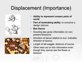 Displacement (Importance) Ability to represent unseen parts of world   Part of toolmaking ability : to conceive a design (above) Bee Dance Scouting bee gives information on non-present blossoms Direction of dance relative to sun: indicates direction of source Length of tail waggle: distance of source Other bees act on this information even though they cannot see the flower or blossom 