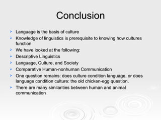 Conclusion Language is the basis of culture Knowledge of linguistics is prerequisite to knowing how cultures function  We have looked at the following:  Descriptive Linguistics Language, Culture, and Society Comparative Human-nonhuman Communication One question remains: does culture condition language, or does language condition culture: the old chicken-egg question. There are many similarities between human and animal communication 