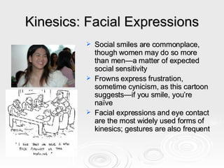 Kinesics: Facial Expressions Social smiles are commonplace, though women may do so more than men—a matter of expected social sensitivity Frowns express frustration, sometime cynicism, as this cartoon suggests—if you smile, you’re naïve Facial expressions and eye contact are the most widely used forms of kinesics; gestures are also frequent 