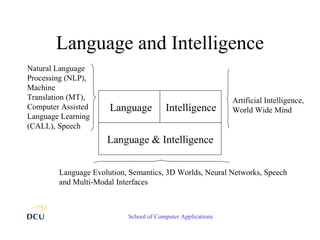 Language and Intelligence School of Computer Applications Language Intelligence Language & Intelligence Natural Language Processing (NLP), Machine Translation (MT), Computer Assisted Language Learning (CALL), Speech Artificial Intelligence, World Wide Mind Language Evolution, Semantics, 3D Worlds, Neural Networks, Speech and Multi-Modal Interfaces 