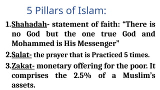 5 Pillars of Islam:
1.Shahadah- statement of faith: “There is
no God but the one true God and
Mohammed is His Messenger”
2.Salat- the prayer that is Practiced 5 times.
3.Zakat- monetary offering for the poor. It
comprises the 2.5% of a Muslim’s
assets.
 