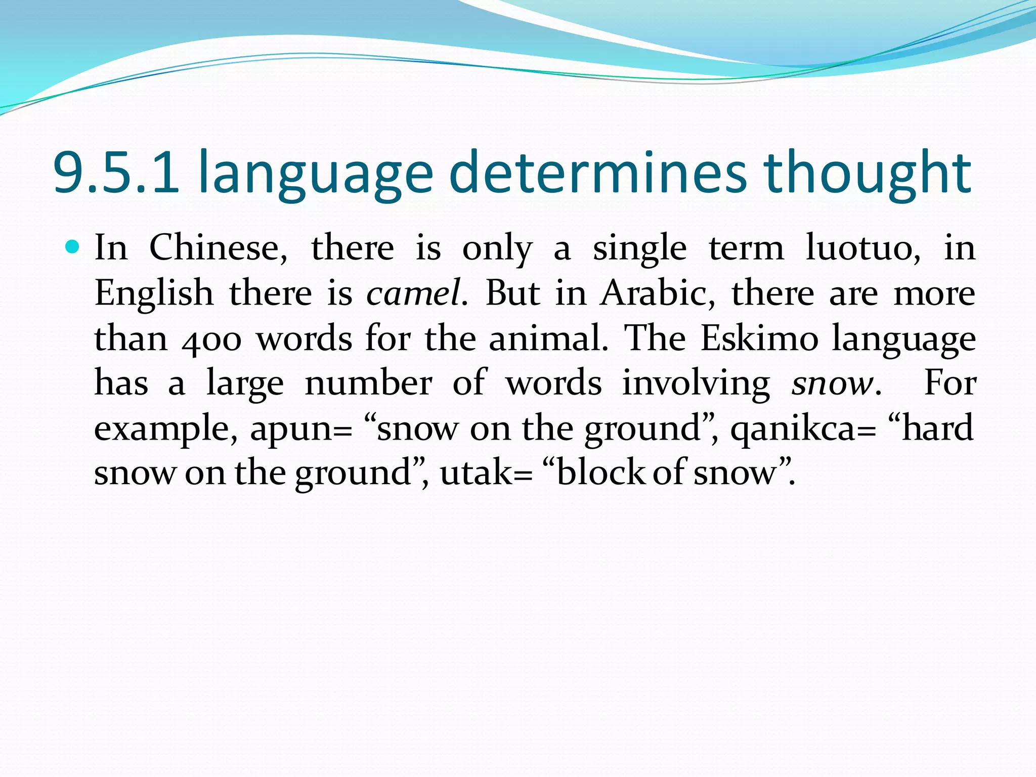 9.5.1 language determines thought
 In Chinese, there is only a single term luotuo, in

English there is camel. But in Arabic, there are more
than 400 words for the animal. The Eskimo language
has a large number of words involving snow. For
example, apun= “snow on the ground”, qanikca= “hard
snow on the ground”, utak= “block of snow”.

 