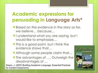 Academic expressions for persuading in  Language Arts* Based on the evidence in the story so far, we believe… because…  I understand what you are saying, but I would like to emphasize… This is a good point, but I think the evidence shows that… Although some people claim that…  The advantages of …. Outweigh the disadvantages of …  Zwiers, J. (2007) Building Academic Language: Essential Practices for Content Classrooms 
