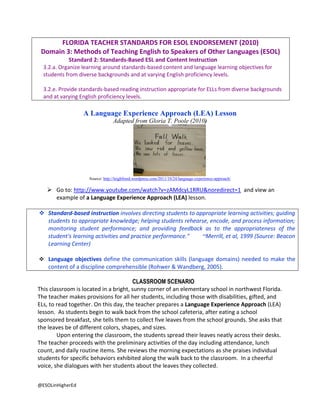 FLORIDA TEACHER STANDARDS FOR ESOL ENDORSEMENT (2010)
Domain 3: Methods of Teaching English to Speakers of Other Languages (ESOL)
Standard 2: Standards-Based ESL and Content Instruction
3.2.a. Organize learning around standards-based content and language learning objectives for
students from diverse backgrounds and at varying English proficiency levels.
3.2.e. Provide standards-based reading instruction appropriate for ELLs from diverse backgrounds
and at varying English proficiency levels.

A Language Experience Approach (LEA) Lesson
Adapted from Gloria T. Poole (2010)

Source: http://leighfreed.wordpress.com/2011/10/24/language-experience-approach/

 Go to: http://www.youtube.com/watch?v=zAMdcyL1RRU&noredirect=1 and view an
example of a Language Experience Approach (LEA) lesson.
 Standard-based instruction involves directing students to appropriate learning activities; guiding
students to appropriate knowledge; helping students rehearse, encode, and process information;
monitoring student performance; and providing feedback as to the appropriateness of the
student's learning activities and practice performance."
~Merrill, et al, 1999 (Source: Beacon
Learning Center)
 Language objectives define the communication skills (language domains) needed to make the

content of a discipline comprehensible (Rohwer & Wandberg, 2005).
CLASSROOM SCENARIO
This classroom is located in a bright, sunny corner of an elementary school in northwest Florida.
The teacher makes provisions for all her students, including those with disabilities, gifted, and
ELs, to read together. On this day, the teacher prepares a Language Experience Approach (LEA)
lesson. As students begin to walk back from the school cafeteria, after eating a school
sponsored breakfast, she tells them to collect five leaves from the school grounds. She asks that
the leaves be of different colors, shapes, and sizes.
Upon entering the classroom, the students spread their leaves neatly across their desks.
The teacher proceeds with the preliminary activities of the day including attendance, lunch
count, and daily routine items. She reviews the morning expectations as she praises individual
students for specific behaviors exhibited along the walk back to the classroom. In a cheerful
voice, she dialogues with her students about the leaves they collected.
@ESOLinHigherEd

 