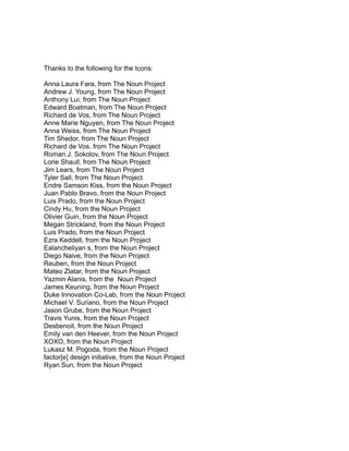 Thanks to the following for the Icons:
Anna Laura Fara, from The Noun Project
Andrew J. Young, from The Noun Project
Anthony Lui, from The Noun Project
Edward Boatman, from The Noun Project
Richard de Vos, from The Noun Project
Anne Marie Nguyen, from The Noun Project
Anna Weiss, from The Noun Project
Tim Shedor, from The Noun Project
Richard de Vos, from The Noun Project
Roman J. Sokolov, from The Noun Project
Lorie Shaull, from The Noun Project
Jim Lears, from The Noun Project
Tyler Sall, from The Noun Project
Endre Samson Kiss, from the Noun Project
Juan Pablo Bravo, from the Noun Project
Luis Prado, from the Noun Project
Cindy Hu, from the Noun Project
Olivier Guin, from the Noun Project
Megan Strickland, from the Noun Project
Luis Prado, from the Noun Project
Ezra Keddell, from the Noun Project
Ealancheliyan s, from the Noun Project
Diego Naive, from the Noun Project
Reuben, from the Noun Project
Mateo Zlatar, from the Noun Project
Yazmin Alanis, from the Noun Project
James Keuning, from the Noun Project
Duke Innovation Co-Lab, from the Noun Project
Michael V. Suriano, from the Noun Project
Jason Grube, from the Noun Project
Travis Yunis, from the Noun Project
Desbenoit, from the Noun Project
Emily van den Heever, from the Noun Project
XOXO, from the Noun Project
Lukasz M. Pogoda, from the Noun Project
factor[e] design initiative, from the Noun Project
Ryan Sun, from the Noun Project
 