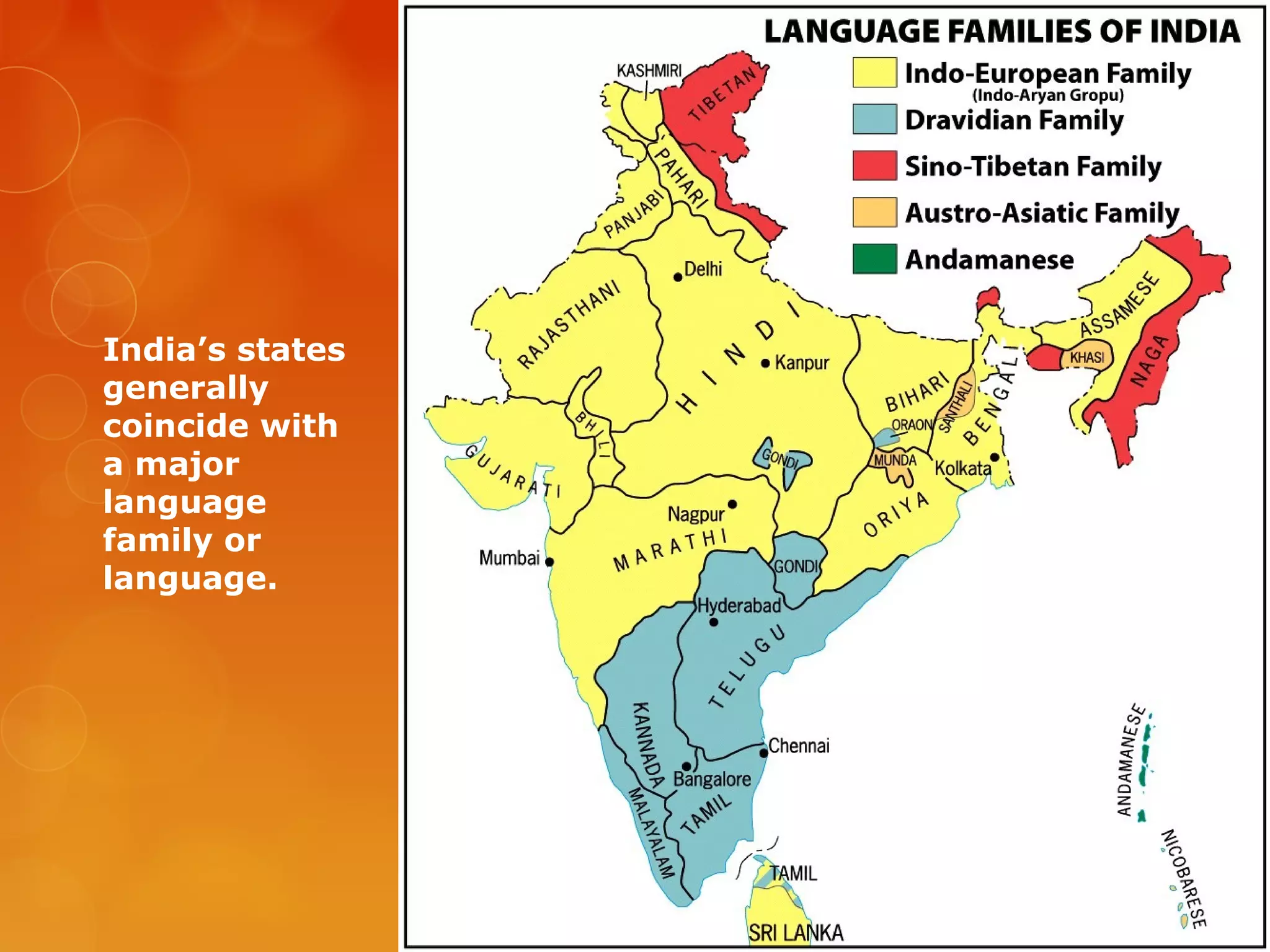 India’s states
generally
coincide with
a major
language
family or
language.
 